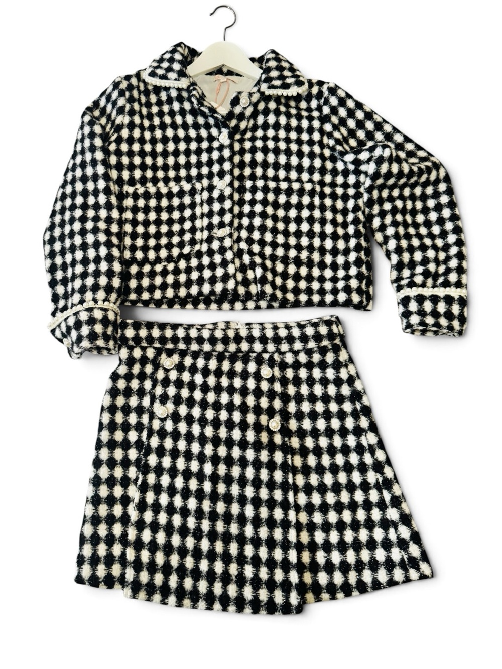 GB girls Black and White Checked Tweed Skirt & Jacket Set